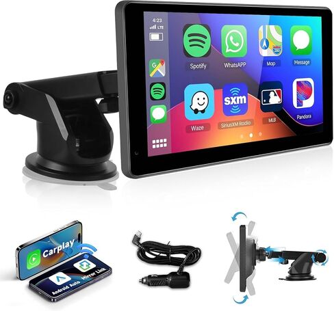 شاشة Carplay اللاسلكية Podofo للسيارة ، 7inch 1080p HD IPS اللمس شاشة محمولة استقبال صوت راديو السيارات المحمولة ، شاشة Android Auto شاشة 2 Mount/2 Bluetooth/MirrorLink/GPS/Voice Control/Aux/FM Transmit in Saudi Arabia