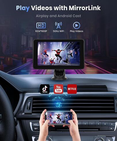 شاشة Carplay اللاسلكية Podofo للسيارة ، 7inch 1080p HD IPS اللمس شاشة محمولة استقبال صوت راديو السيارات المحمولة ، شاشة Android Auto شاشة 2 Mount/2 Bluetooth/MirrorLink/GPS/Voice Control/Aux/FM Transmit in Saudi Arabia