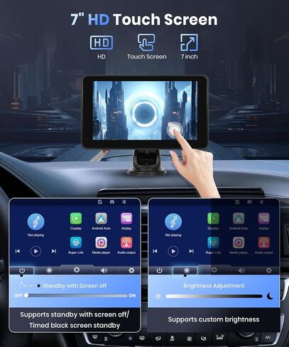 شاشة Carplay اللاسلكية Podofo للسيارة ، 7inch 1080p HD IPS اللمس شاشة محمولة استقبال صوت راديو السيارات المحمولة ، شاشة Android Auto شاشة 2 Mount/2 Bluetooth/MirrorLink/GPS/Voice Control/Aux/FM Transmit in Saudi Arabia