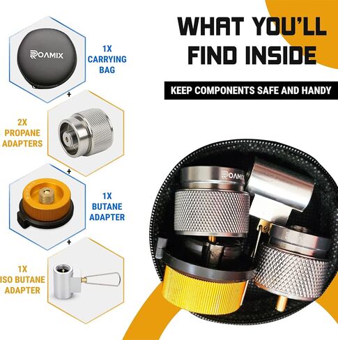 مجموعة محول غاز الوقود متعدد الوقود ROAMIX 4PCS - EN417 Lindal Valve & Butane إلى محول البروبان للتخييم مع كيس حمل in Kuwait