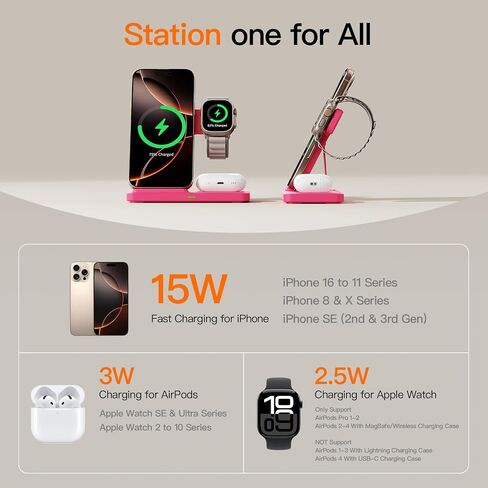2025 3 في 1 شاحن لاسلكي لـ iPhone 16 15 14 13 12 11 XR 8 ، محطة شحن Apple لـ Apple Watch 10/9/Ultra/8/7/SE/6/5/4 و Airpods ، محطة الشحن اللاسلكية لأجهزة متعددة Apple in Kuwait