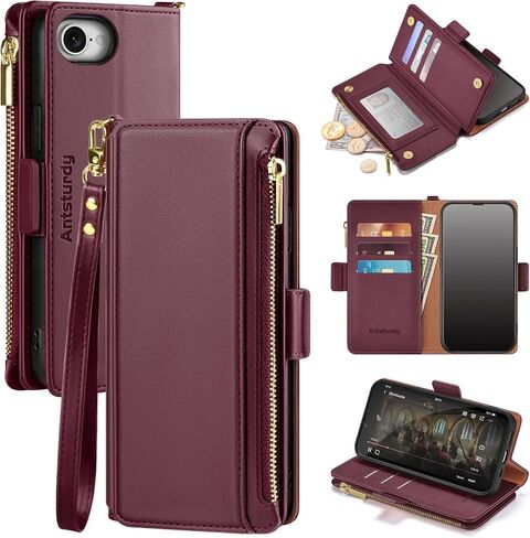 Antsturdy Compatible with iPhone 6/6S/7/8/SE 2020/SE 2022 Wallet Case,RFID Blocking PU Leather Phone Case Women Men Kickstand Flip Cover Wrist Strap Zipper Credit Card Holder Slots,Wine Red in Saudi Arabia
