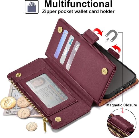 Antsturdy Compatible with iPhone 6/6S/7/8/SE 2020/SE 2022 Wallet Case,RFID Blocking PU Leather Phone Case Women Men Kickstand Flip Cover Wrist Strap Zipper Credit Card Holder Slots,Wine Red in Saudi Arabia