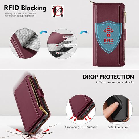 Antsturdy Compatible with iPhone 6/6S/7/8/SE 2020/SE 2022 Wallet Case,RFID Blocking PU Leather Phone Case Women Men Kickstand Flip Cover Wrist Strap Zipper Credit Card Holder Slots,Wine Red in Saudi Arabia