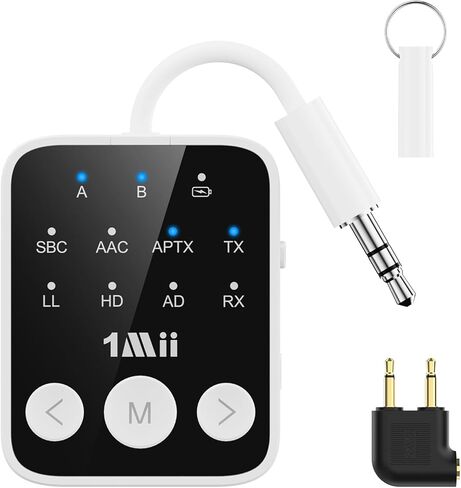 1MII Bluetooth 5.3 جهاز استقبال جهاز الإرسال 2-في 1 ، APTX Adaptive & Low Forency Audio Adapter للطائرة ، أجهزة الرابط المزدوج 2 ، وقت اللعب 25H ، AUX 3.5 ملم للتلفزيون/السيارة/المنزل ستيريو-أبيض in Kuwait