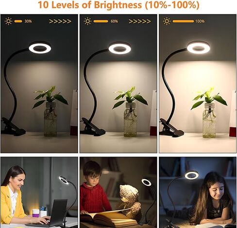مصباح المكتب مقطع على الضوء ، 3 أوضاع ملونة و 10 سطوع ، USB LED BOOK LIGHT لقراءة مكياج عمل غرفة نوم المكتب المكتبية بجانب السرير ، 360 درجة مصباح صغير مرن (أسود ، قطر المصباح: 4 بوصة) in Saudi Arabia