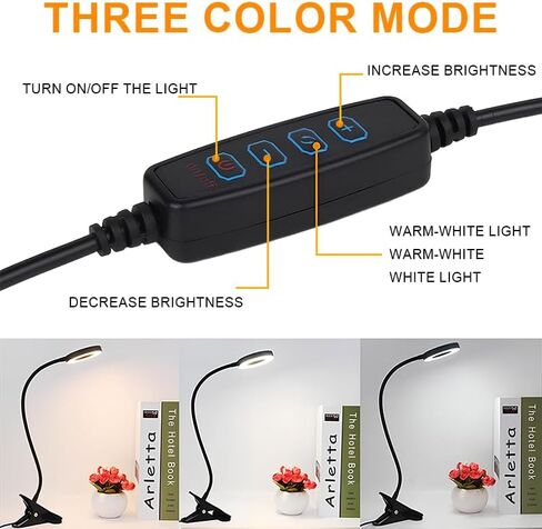 مصباح المكتب مقطع على الضوء ، 3 أوضاع ملونة و 10 سطوع ، USB LED BOOK LIGHT لقراءة مكياج عمل غرفة نوم المكتب المكتبية بجانب السرير ، 360 درجة مصباح صغير مرن (أسود ، قطر المصباح: 4 بوصة) in Saudi Arabia