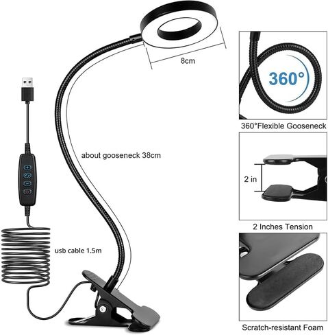 مصباح المكتب مقطع على الضوء ، 3 أوضاع ملونة و 10 سطوع ، USB LED BOOK LIGHT لقراءة مكياج عمل غرفة نوم المكتب المكتبية بجانب السرير ، 360 درجة مصباح صغير مرن (أسود ، قطر المصباح: 4 بوصة) in Saudi Arabia