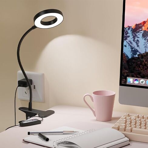 مصباح المكتب مقطع على الضوء ، 3 أوضاع ملونة و 10 سطوع ، USB LED BOOK LIGHT لقراءة مكياج عمل غرفة نوم المكتب المكتبية بجانب السرير ، 360 درجة مصباح صغير مرن (أسود ، قطر المصباح: 4 بوصة) in Saudi Arabia