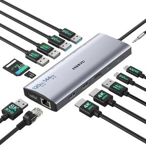 محطة إرساء Triple Monitor ، 14-in-1 USB C HUB مع DP 8K@30Hz/4K@144Hz ، Dual HDMI 4K@60Hz ، 100W PD ، 7 منافذ USB ، قارئ بطاقة SD/TF ، Gigabit Ethernet لـ MacBook & Windows Laptop المحمول in Kuwait