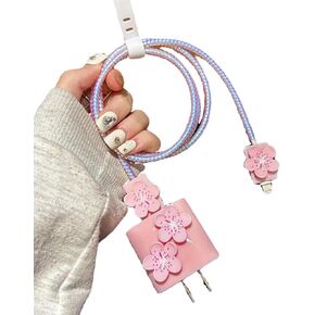 Cute Flowers Cable Protector for iPhone Charger Cover,3D Floral Cherry Buds Blossoms Charger Cord Protector for Women Girl,DIY Phone Cord Protector Charger Accessories for iPhone 14 15 16 Plus Pro Max in Kuwait