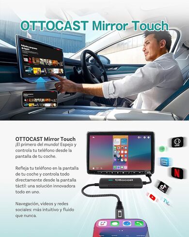 OTTOCAST MIRROR TOUCH - محول عاكس للهاتف اللاسلكي والهواتف الثنائية - الوضع المزدوج ، وترقية المكونات والتشغيل للسيارات السلكية المصنع (2016+) in Kuwait