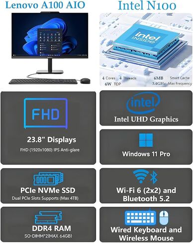 Lenovo 23.8" FHD All-in-One Desktop Computer for Home & Business, Intel N100 (up to 3.4 GHz), 8GB RAM, 512GB SSD, Intel UHD Graphics, RJ45, Bluetooth, HDMI, Wi-Fi, Keyboard & Mouse, Windows 11 Pro in Saudi Arabia