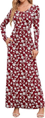 DEARCASE Women's Long Sleeve Maxi Dress Crewneck Loose Plain Casual Empire Waist Long Dresses with Pockets in Kuwait