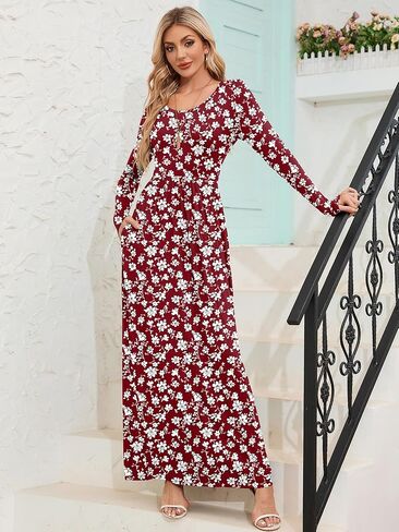 DEARCASE Women's Long Sleeve Maxi Dress Crewneck Loose Plain Casual Empire Waist Long Dresses with Pockets in Kuwait