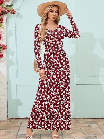 DEARCASE Women's Long Sleeve Maxi Dress Crewneck Loose Plain Casual Empire Waist Long Dresses with Pockets in Kuwait