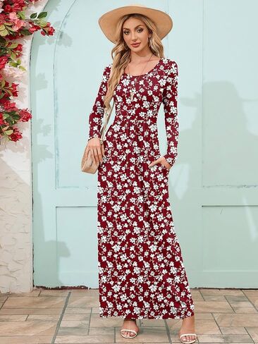 DEARCASE Women's Long Sleeve Maxi Dress Crewneck Loose Plain Casual Empire Waist Long Dresses with Pockets in Kuwait