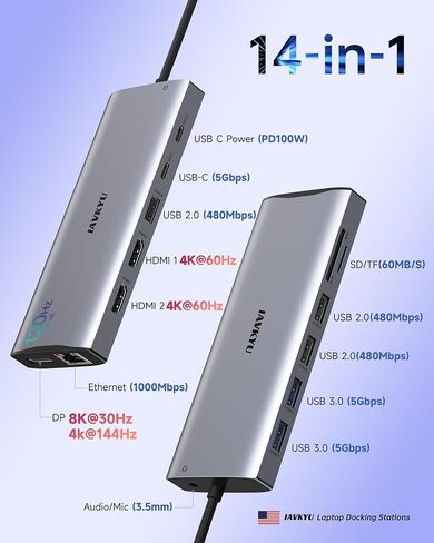 محطة إرساء Triple Monitor ، 14-in-1 USB C HUB مع DP 8K@30Hz/4K@144Hz ، Dual HDMI 4K@60Hz ، 100W PD ، 7 منافذ USB ، قارئ بطاقة SD/TF ، Gigabit Ethernet لـ MacBook & Windows Laptop المحمول in Saudi Arabia
