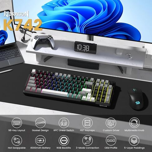 Redragon K742 لوحة مفاتيح ألعاب ميكانيكية لاسلكية مع مقبض ، بلوتوث 5.0/2.4 جيجا هرتز/USB C لوحة مفاتيح دسم سلكية مع لوحة رقم للكمبيوتر كمبيوتر ، وظهر RGB الساخن ، مفتاح خطي مخصص ، أسود in Kuwait