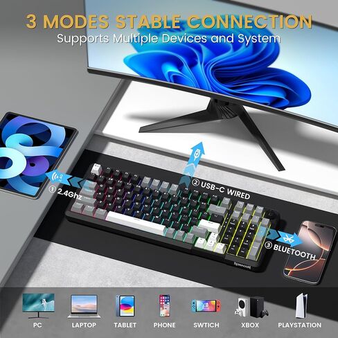 Redragon K742 لوحة مفاتيح ألعاب ميكانيكية لاسلكية مع مقبض ، بلوتوث 5.0/2.4 جيجا هرتز/USB C لوحة مفاتيح دسم سلكية مع لوحة رقم للكمبيوتر كمبيوتر ، وظهر RGB الساخن ، مفتاح خطي مخصص ، أسود in Kuwait