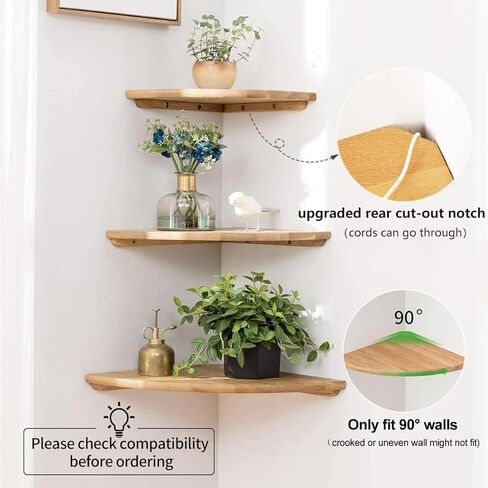 Corner Shelves, Floating Corner Shelf, Set of 2 12inch Solid Oak Wood Corner Wall Shelves, Round End Wall Mount Display Shelf with Wire Hole for Bedroom Kitchen, Living Room in Kuwait