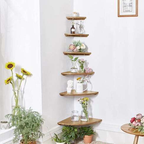 Corner Shelves, Floating Corner Shelf, Set of 2 12inch Solid Oak Wood Corner Wall Shelves, Round End Wall Mount Display Shelf with Wire Hole for Bedroom Kitchen, Living Room in Kuwait
