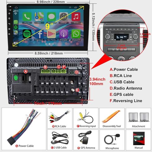 Android 13 Car Stereo Double Din Radio مع Carplay Wireless Android Auto | وحدة رأس شاشة اللمس 9 بوصة Qled مع GPS WiFi BT 32EQ DSP | MirrorLink | التحكم في عجلة القيادة | FM AM | 4G+64G ، 8 Core in Kuwait