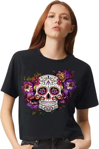 Made in USA - Sugar Skull Shirts for Women - V Neck T Shirt Tee - Beautiful Quality Print Decorated with Rhinestones in Kuwait