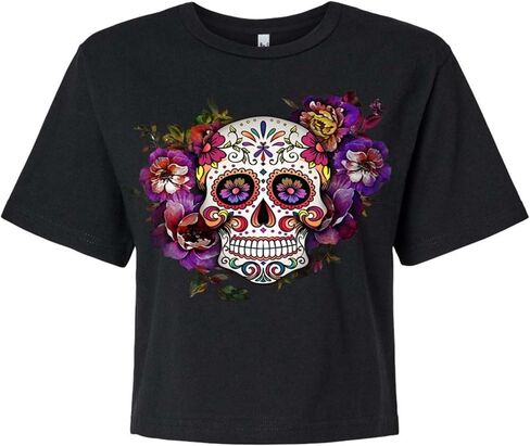 Made in USA - Sugar Skull Shirts for Women - V Neck T Shirt Tee - Beautiful Quality Print Decorated with Rhinestones in Kuwait