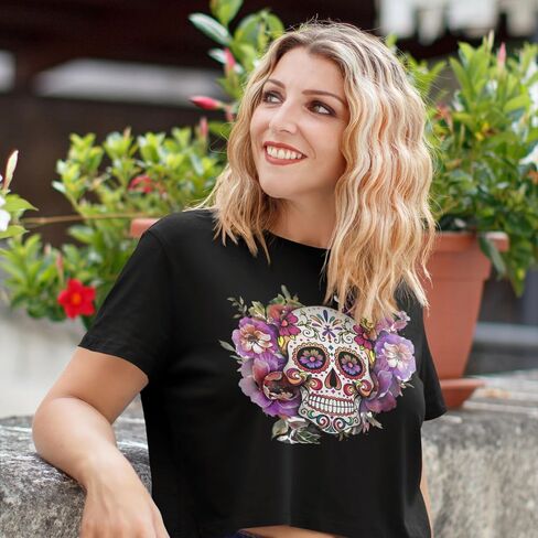 Made in USA - Sugar Skull Shirts for Women - V Neck T Shirt Tee - Beautiful Quality Print Decorated with Rhinestones in Kuwait