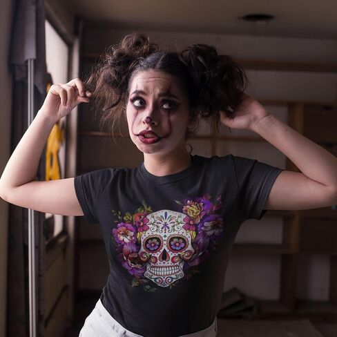 Made in USA - Sugar Skull Shirts for Women - V Neck T Shirt Tee - Beautiful Quality Print Decorated with Rhinestones in Kuwait