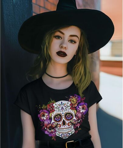 Made in USA - Sugar Skull Shirts for Women - V Neck T Shirt Tee - Beautiful Quality Print Decorated with Rhinestones in Kuwait