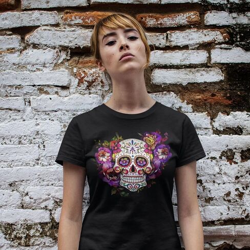 Made in USA - Sugar Skull Shirts for Women - V Neck T Shirt Tee - Beautiful Quality Print Decorated with Rhinestones in Kuwait