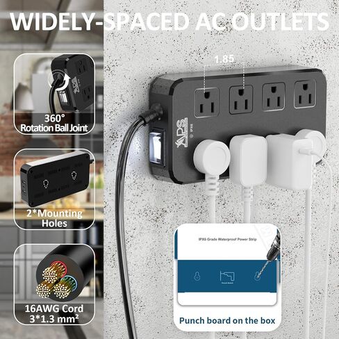 Outdoor Power Strip Weatherproof, Waterproof Surge Protector with 8 Wide Outlet with 3 USB Ports, 6FT Extension Cord,1875W Overload Protection,Outlet Extender for Christmas Lights ETL Listed Black in Saudi Arabia