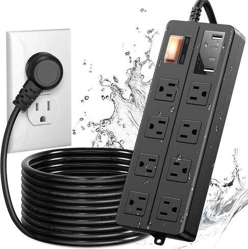Outdoor Power Strip Weatherproof, Waterproof Surge Protector with 8 Wide Outlet with 3 USB Ports, 6FT Extension Cord,1875W Overload Protection,Outlet Extender for Christmas Lights ETL Listed Black in Saudi Arabia