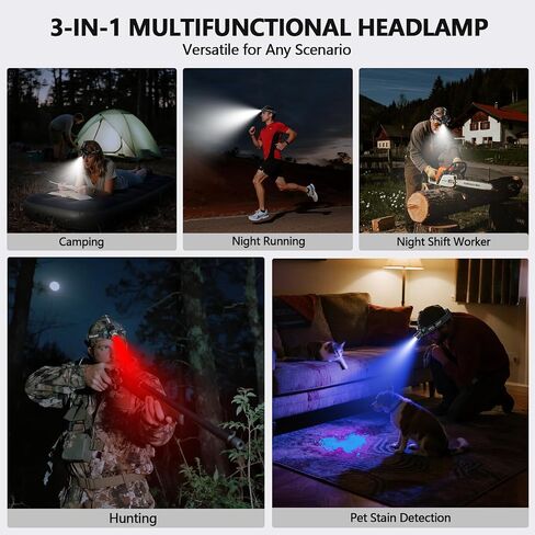 High Lumens Headlamp Rechargeable 1080 with White/Red/UV/Black Light Headlight,Super Bright LED Headlamps Battery Powered,16 Modes Waterproof Head Lamp for Hardhat Hunting Pet Urine Detection in Saudi Arabia