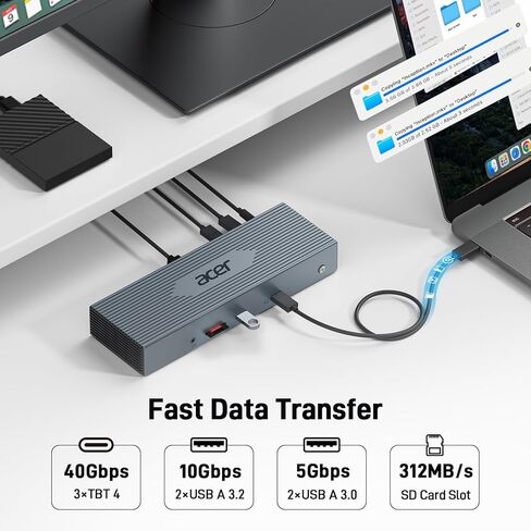 Acer Thunderbolt 4 Dock, 16 in 1 Quad Monitor DisplayLink Docking Station 40Gbps with 8K Display, 10Gbps Data Ports, 160W Power, 2.5G Ethernet, SD 4.0 Card Reader USB C Hub for MacBook, PC, Laptop in Saudi Arabia