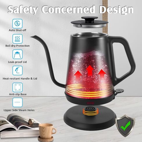 1L Electric Gooseneck Kettle, Tea Kettle for Boiling Water, Gooseneck Electric Kettle for Coffee & Tea, Fast Boiling for Pour Over, Auto Shut-Off, Boil-Dry Protection, 360° Rotational Base in Saudi Arabia