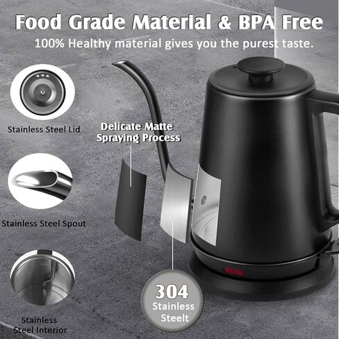 1L Electric Gooseneck Kettle, Tea Kettle for Boiling Water, Gooseneck Electric Kettle for Coffee & Tea, Fast Boiling for Pour Over, Auto Shut-Off, Boil-Dry Protection, 360° Rotational Base in Saudi Arabia