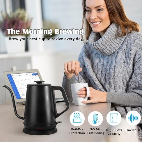 1L Electric Gooseneck Kettle, Tea Kettle for Boiling Water, Gooseneck Electric Kettle for Coffee & Tea, Fast Boiling for Pour Over, Auto Shut-Off, Boil-Dry Protection, 360° Rotational Base in Saudi Arabia