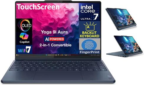 Lenovo Yoga 9i Aura Edition HIGH Performance 2-in-1 Laptop 14.0" Touchscreen OLED 2.8K Display (Intel Ultra 7-258V, 32GB LPDDR5X, 1TB SSD, Backlit KB, Fingerprint, Win11Pro) w/DKZ USB Port Expander in Saudi Arabia