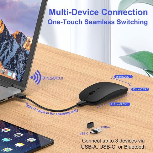 Bluetooth Wireless Mouse for MacBook Air Mac Pro Laptop Computer Pad Optical Rechargeable Slim Silent Dual Mode (2.4G USB-C/USB-A&Bluetooth 5.2/3.0) Mouse Jiggler for Computer Awakening - Silver in Saudi Arabia