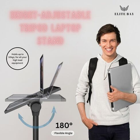 Adjustable Laptop Stand Tripod with Tray & Phone Mount – Heavy-Duty Alloy Tripod with 40.7x27.6cm Platform | Height Adjustable 0.65–1.6m | 15kg Load Capacity | Portable & Foldable in Saudi Arabia
