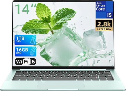 Aierxuan 14 "2.8K FHD Slim Laptop ، 8 Cores I5-12450H (حتى 4.4 GHz) 16GB DDR5 1TB NVME SSD ، 1.1 كجم من أجهزة الكمبيوتر المحمولة خفيفة الوزن ، 65 واط ، شحن سريع ، USB4/WIFI 6 ، بصمات الأصابع والخصم (الأخضر) in Kuwait