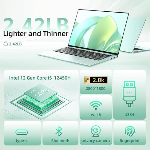 Aierxuan 14 "2.8K FHD Slim Laptop ، 8 Cores I5-12450H (حتى 4.4 GHz) 16GB DDR5 1TB NVME SSD ، 1.1 كجم من أجهزة الكمبيوتر المحمولة خفيفة الوزن ، 65 واط ، شحن سريع ، USB4/WIFI 6 ، بصمات الأصابع والخصم (الأخضر) in Kuwait