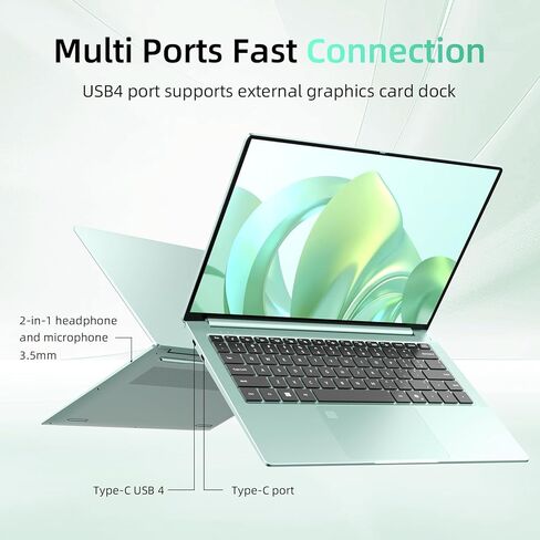 Aierxuan 14 "2.8K FHD Slim Laptop ، 8 Cores I5-12450H (حتى 4.4 GHz) 16GB DDR5 1TB NVME SSD ، 1.1 كجم من أجهزة الكمبيوتر المحمولة خفيفة الوزن ، 65 واط ، شحن سريع ، USB4/WIFI 6 ، بصمات الأصابع والخصم (الأخضر) in Kuwait