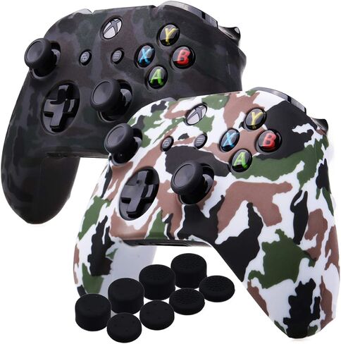 يورها نقل الماء طباعة الممولة السيليكون تغطية الجلد لحالة الجلد Microsoft Xbox One X & Xbox One S Controller x 2 (الرمادي والأبيض) مع Pro Thumb Grips x 8 in Kuwait