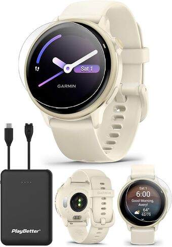 Garmin Vivoactive 6 (Lunar Gold/Bone) GPS Smartwatch Bundle - Amoled Health Watch ، عمر البطارية لمدة 11 يومًا ، بطارية الجسم ، تخزين الموسيقى مع حماة شاشة PlayBetter وشاحن محمول in Saudi Arabia