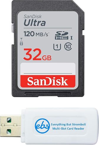 SanDisk 32GB SDHC SD Ultra Memory Card Class 10 Works with Sony Cyber-Shot DSC-W800, W830, W810 Digital Camera (SDSDUN4-032G-GN6IN) Bundle with 1 Everything But Stromboli Multi-Slot Card Reader in Saudi Arabia