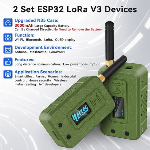 2 Set ESP32 LoRa V3 Module Board with 915 MHz Antenna + 3000mAh Battery + Case - WiFi Blue Tooth SX1262 CP2102 0.96" OLED Display Type C for Ar duino Meshtastic IoT (N35, Green) in Saudi Arabia